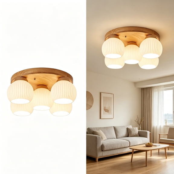 35 cm 5‑Light Japanese‑Style Ceiling Light, E26 Socket for Bedroom Dining Room Living Room