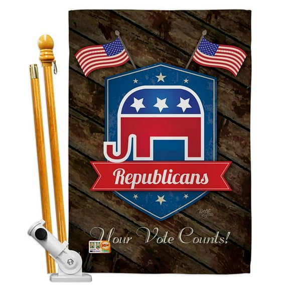 Breeze Decor BD-PA-HS-111071-IP-BO-D-US16-BD 28 x 40 in. Republicans Americana Patriotic Impressions Decorative Vertical Double Sided House Flag Set & Pole Bracket Hardware