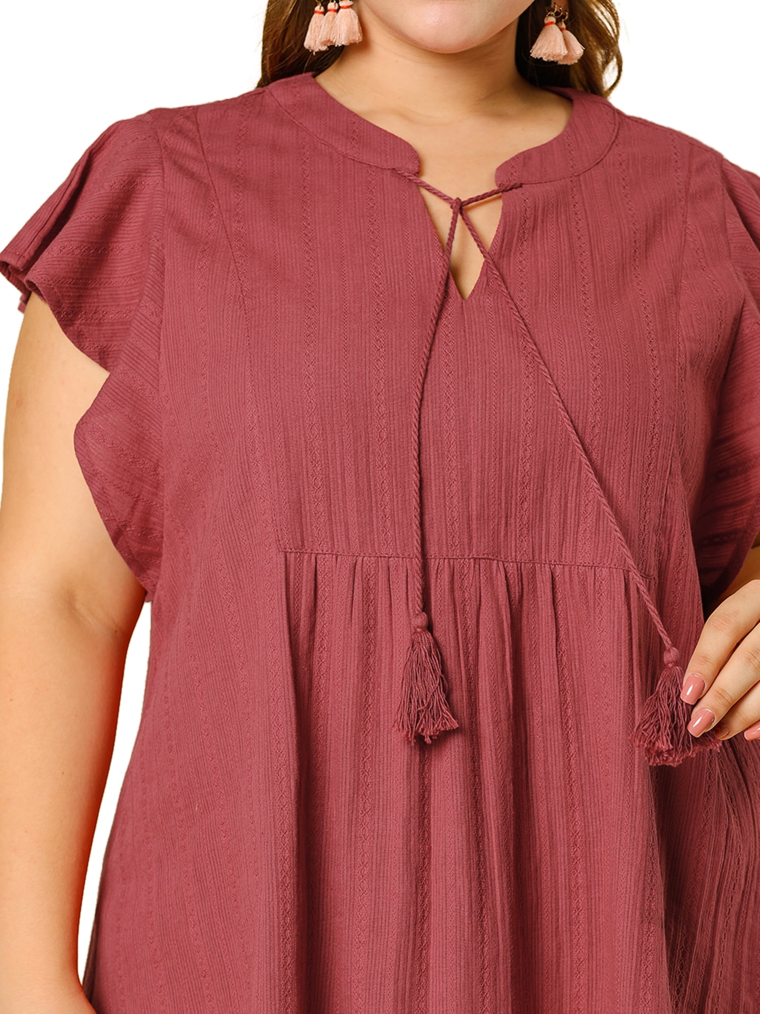 Unique Bargains Juniors' Plus Size Flutter Sleeve Drawstring Flowy Split V Neck Tunic Top Brick Red 1X