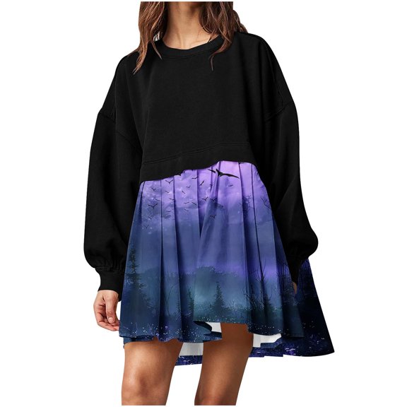 WFJCJPAF 2025 New Halloween Halloween Dresses for Short Women,Women's Fashion Casual Comfortable Printed Fold Long Sleeve Round-Neck Dress - Blue M