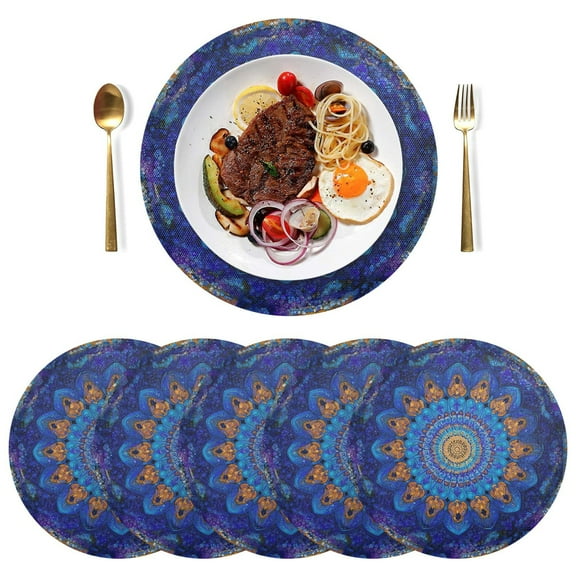 Round Placemats Plate Mats 15 Inch Non-Slip Heat Resistant Washable PVC Set Table Decoration for Kitchen Dining Blue Kaleidoscopic Pattern