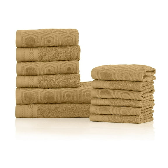 Honeycomb 100% Combed Cotton Jacquard and Solid Combo 12-Pieces Towel Set, 2 Bath, 4 Hand, 6 Face Sahara