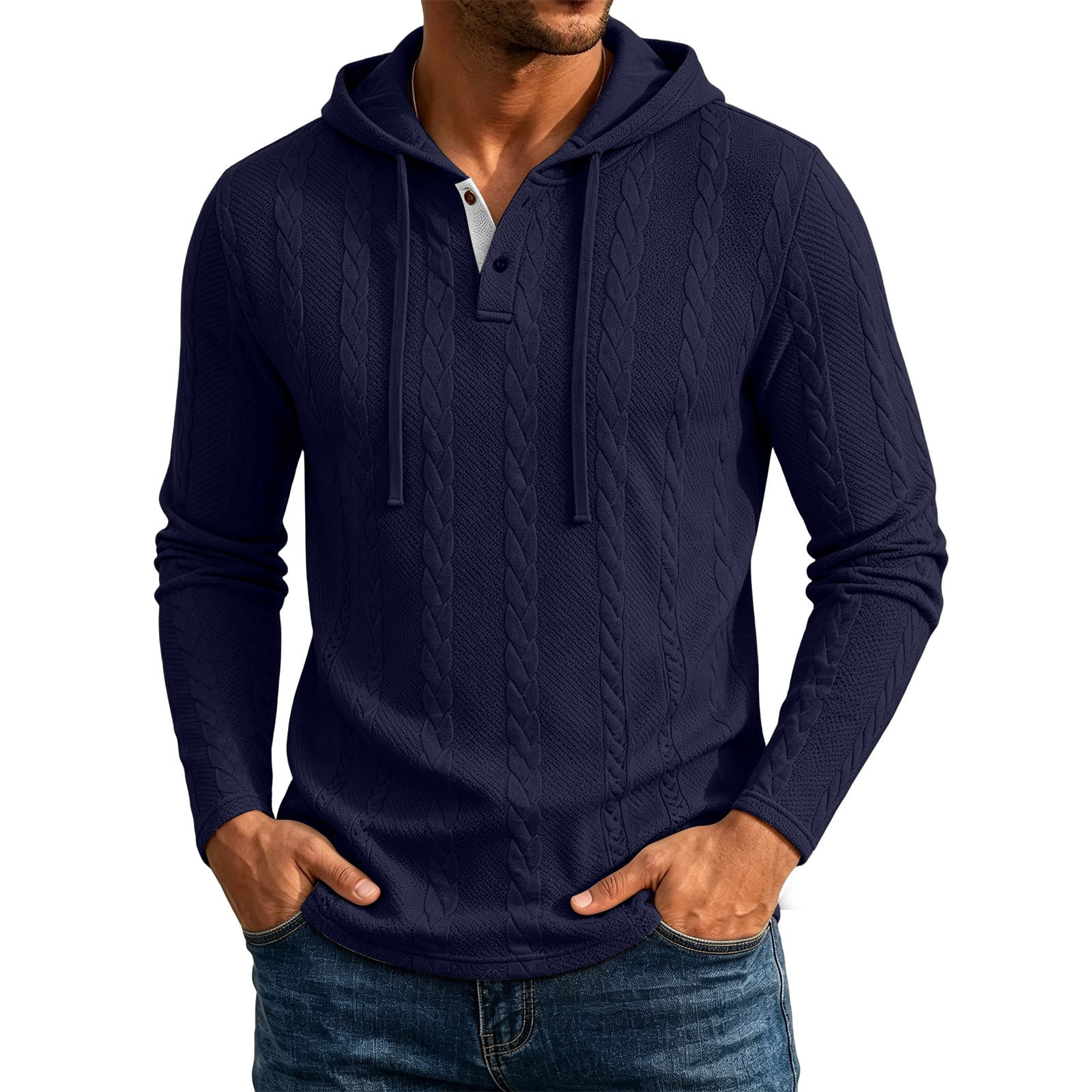 hlysgo Mens Collar Cable Knit Hooded Pullover Drawstring Soft Touch Sweatshirts Twist Texture Knitted Long Sleeve Tops Navy XL