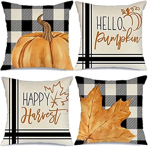 Fall Pillow Covers 18x18 Set of 4 for Fall Decor Buffalo Plaid Pumpkin Maple Leaf Fall Pillows Decorative Throw Pillows Farmhouse Thanksgiving Autumn Cushion Case for Couch