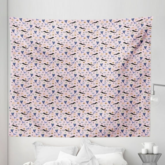 Ocean Theme Tapestry, Mermaids Shells Hearts and Starfish Repeated Cartoon Pattern, Fabric Wall Hanging Decor for Bedroom Living Room Dorm, 5 Sizes, Baby Pink and Multicolor, by Ambesonne