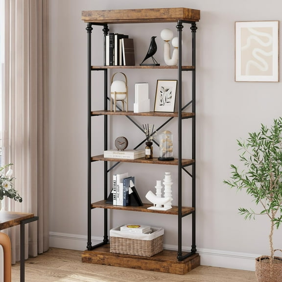 Industrial Bookshelf Wood Bookcase 6 Tier Storage Open Rack Shelf with Metal Frame Rustic Tall Standing Bookshelves Large Display Rack for Bedroom,Living Room and Home Office