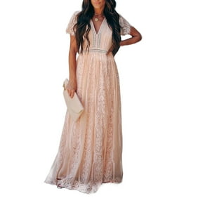 Dokotoo Womens Pink Lace Overlay V Neck Short Sleeve Evening Gown Party Maxi Dress Size Medium US 8-10