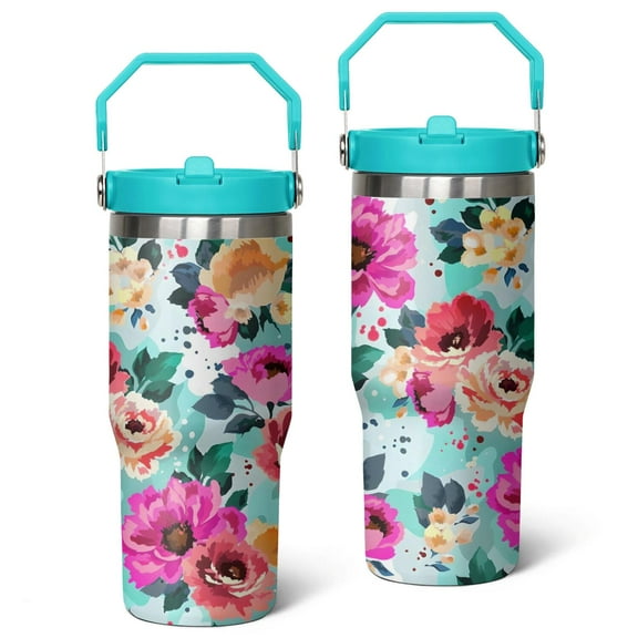 30oz Pioneer Stainless Steel Tumbler with Top Handle,Colorful Floral Travel Coffee Mug Flip Straw Cup,Gifts for Women Girls Men Adults(greenish-blue)