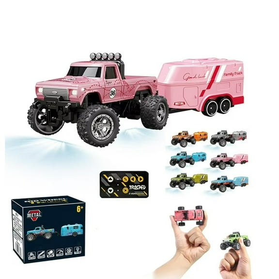 Oein Mini Rc Monster Truck, 1/64 Scale Alloy Rc Big Wheel Truck, Mini Rc Monster Truck and Trailer, 2.4g Remote Control Car with Lights