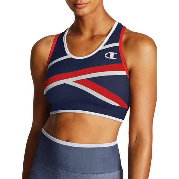 Champion Women's Athletics The Infinity Asymmetrical Racerback Sports Bra Athletic Navy/White/Scarlet XS