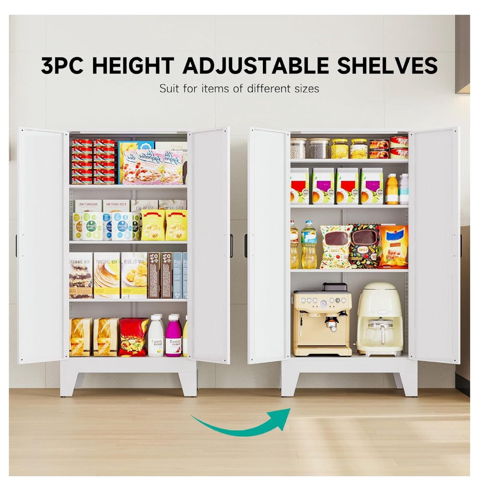 Metal Storage Cabinet with 2 Doors and 3 Shelves,White Pantry Storage Cabinet with Legs,Farmhouse Pantry Cabinets Cupboard,Bathroom Cabinets for Home,Kitchen,Dining/Living Room (47.3" H)