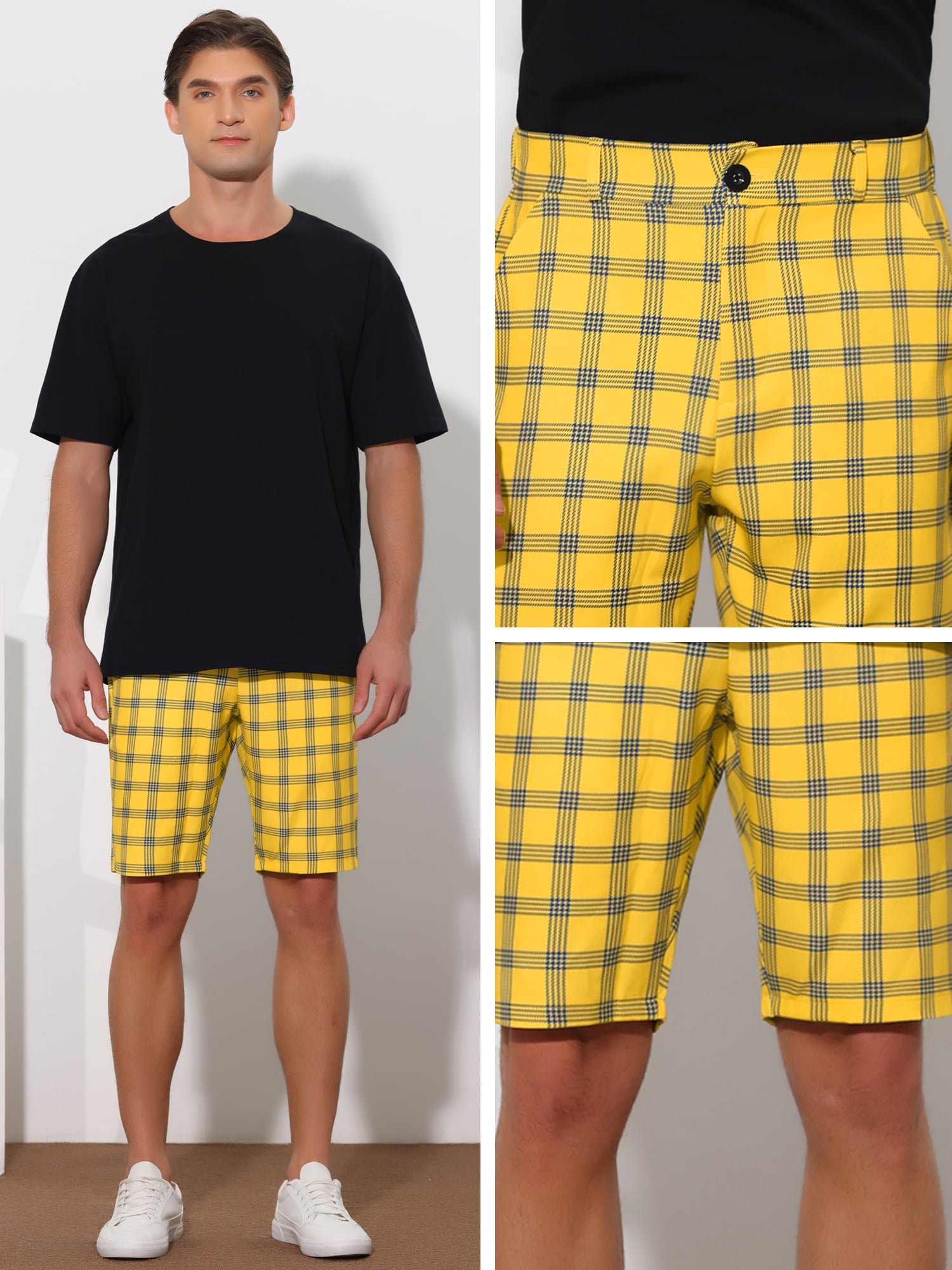 Unique Bargains Men's Plaid Shorts Flat Front Color Block Checked Shorts with Pockets 32 Yellow