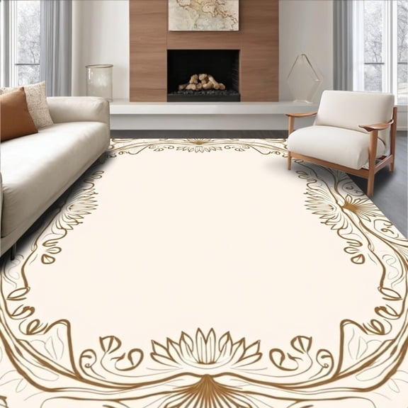 ODIKA 4'x6' Machine Washable Non-Slip Area Rug, Botanical Garden Flourish Interlocking Symmetrical Decorative High Traffic Rug, Brown, 466326