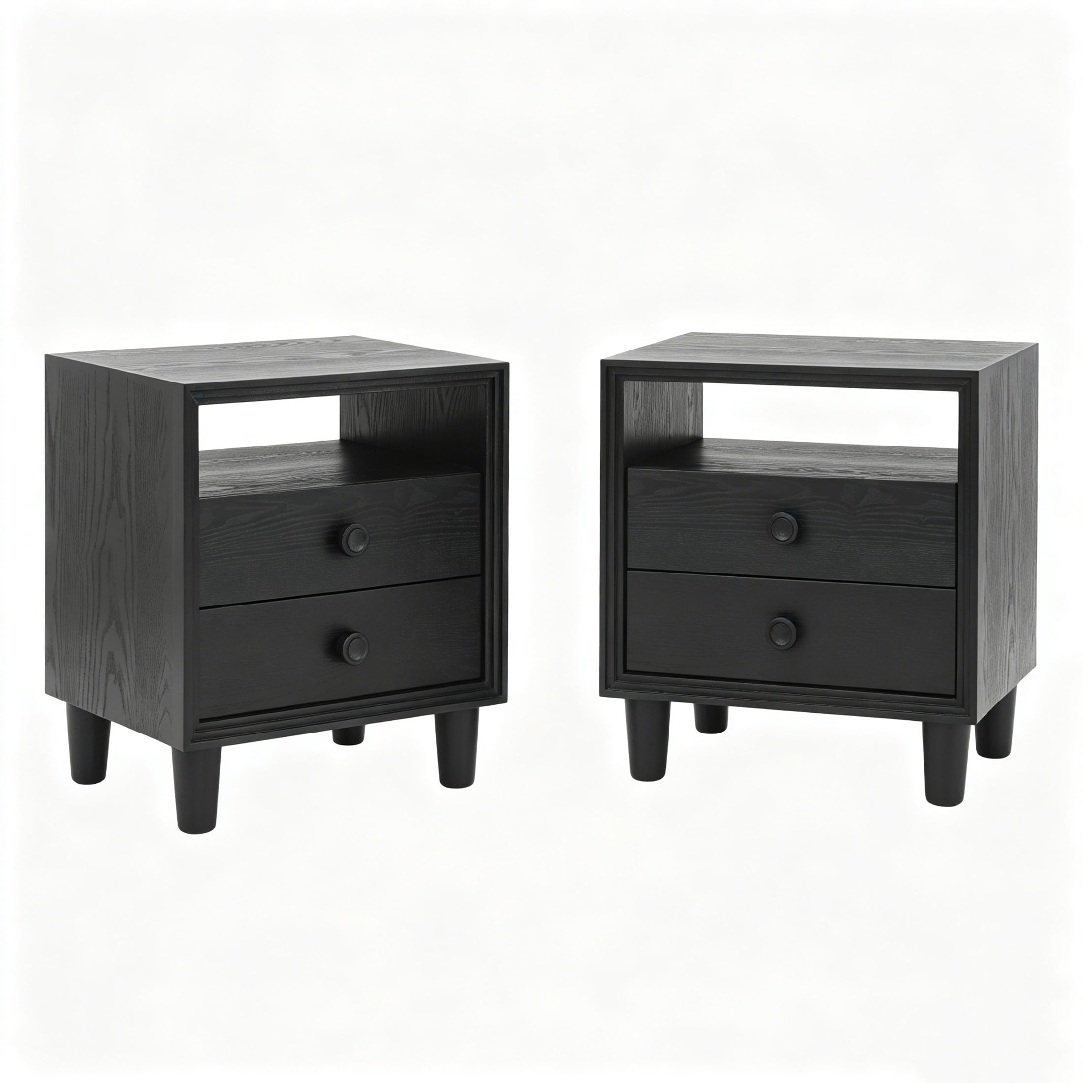 Christopher Knight Home Scandinavian 2-Drawer Nightstand with Open Shelf, Wood Bedside Table, Black, Set of 2