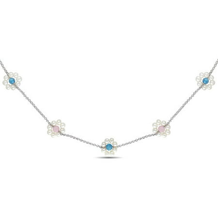 White Round Cultured Freshwater Pearl and 9 Carat T.G.W. Rose Quartz with Blue Agate Sterling Silver Station Necklace, 39