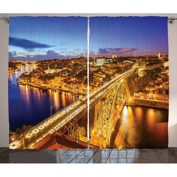 Ambesonne City Curtains 2 Panel Set, Porto Dom Luis Bridge, 108" x 84", Apricot Violet Blue