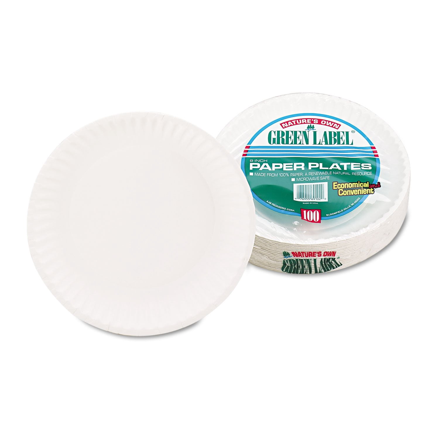 AJM Packaging Corporation-White Paper Plates, 9" Dia, 100/Pack, 10 Packs/Carton