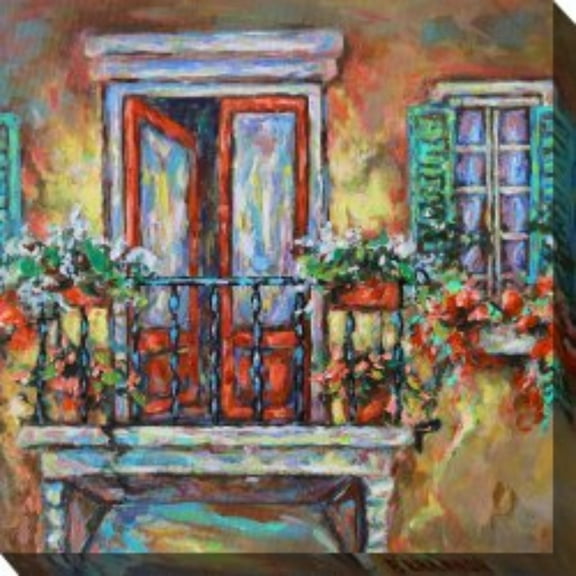 Outdoor Living and Style Gray and Brown Blooming Balcony Outdoor Canvas Square Wall Art Decor 24" x