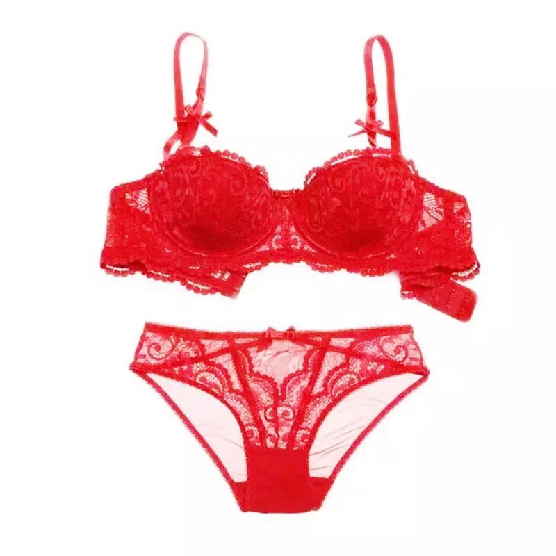 Women's Bra and Panty Sets, Pretty Push Up Lace Lingerie Sets Ladies  Comfort Padded Underwire Bra, Red