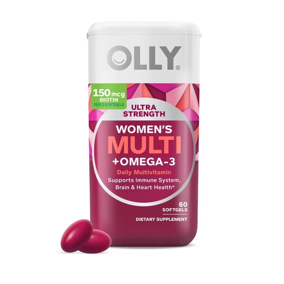 OLLY Ultra Strength Women's Multi Omega-3 Softgels, Daily Health and Immune Support, 60 Ct