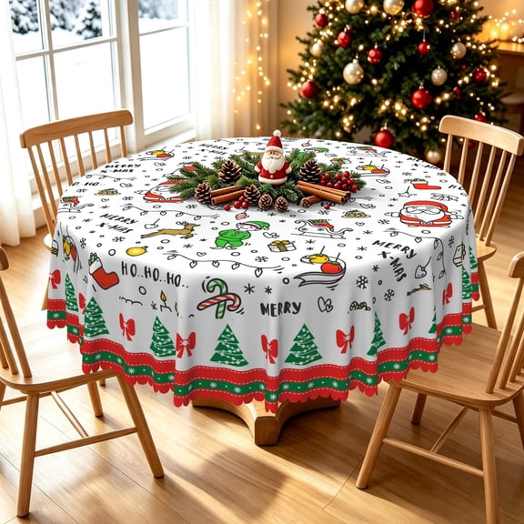 Duangreer Round Tablecloth, Cartoon Christmas Graffiti Print Waterproof Wrinkle Resistant, Table Cover for Family Party, Dining, Indoor and Outdoor, 60''Round