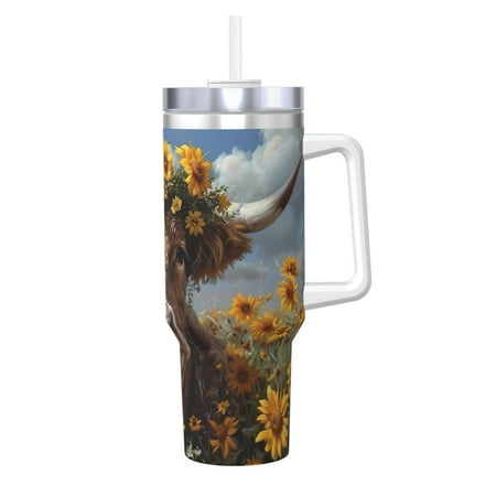 

Zeuib Cute Cow Sunflower Crown A Printed Insulated Stainless Steel Hot/Cold Coffee Cup 40oz Ice Bully With Handle Tumbler with Straw and Handle Insulated Water Bottle Travel Mug Cup