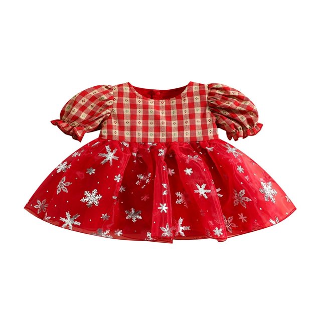 Robe Patchwork à Manches Courtes pour Filles Tout-Petits avec Imprimé Flocon de Neige et Carreaux