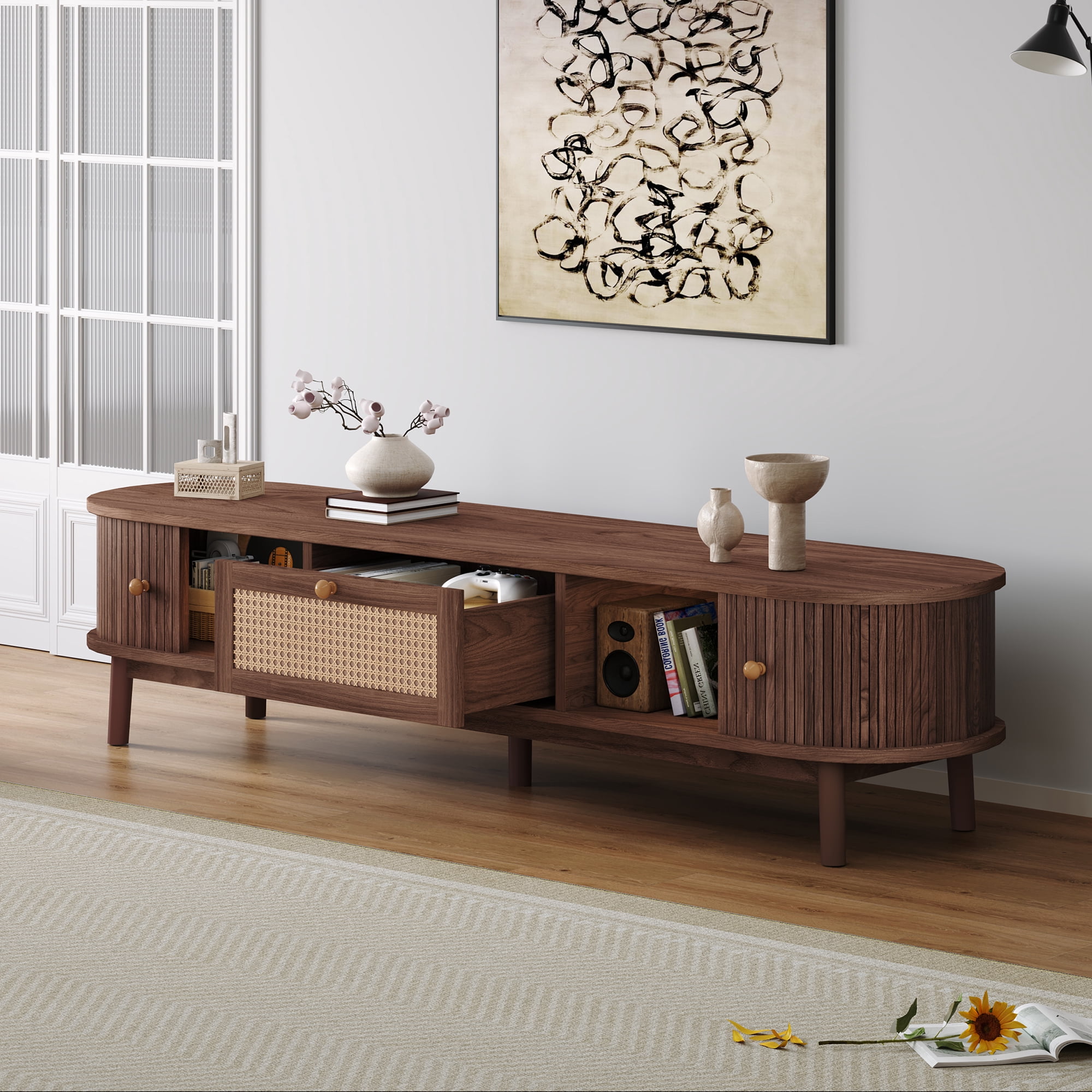 Euroco Modern Design TV Stand for 75" TVs, Media Console TV Cabinet with Rattan-Front Drawer for Living Room, 1 Drawer and 2 Sliding-Door Cabinets