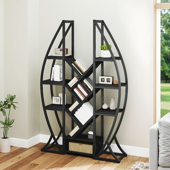 ModFusion 5-Tier Bookshelf with Tree-Inspired Design, Industrial Storage Rack for Home and Office, Black