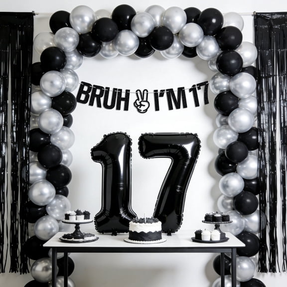 17th Birthday Decorations Set - BRUH & Peace Theme Black Silver Party Supplies for Teen Celebrations
