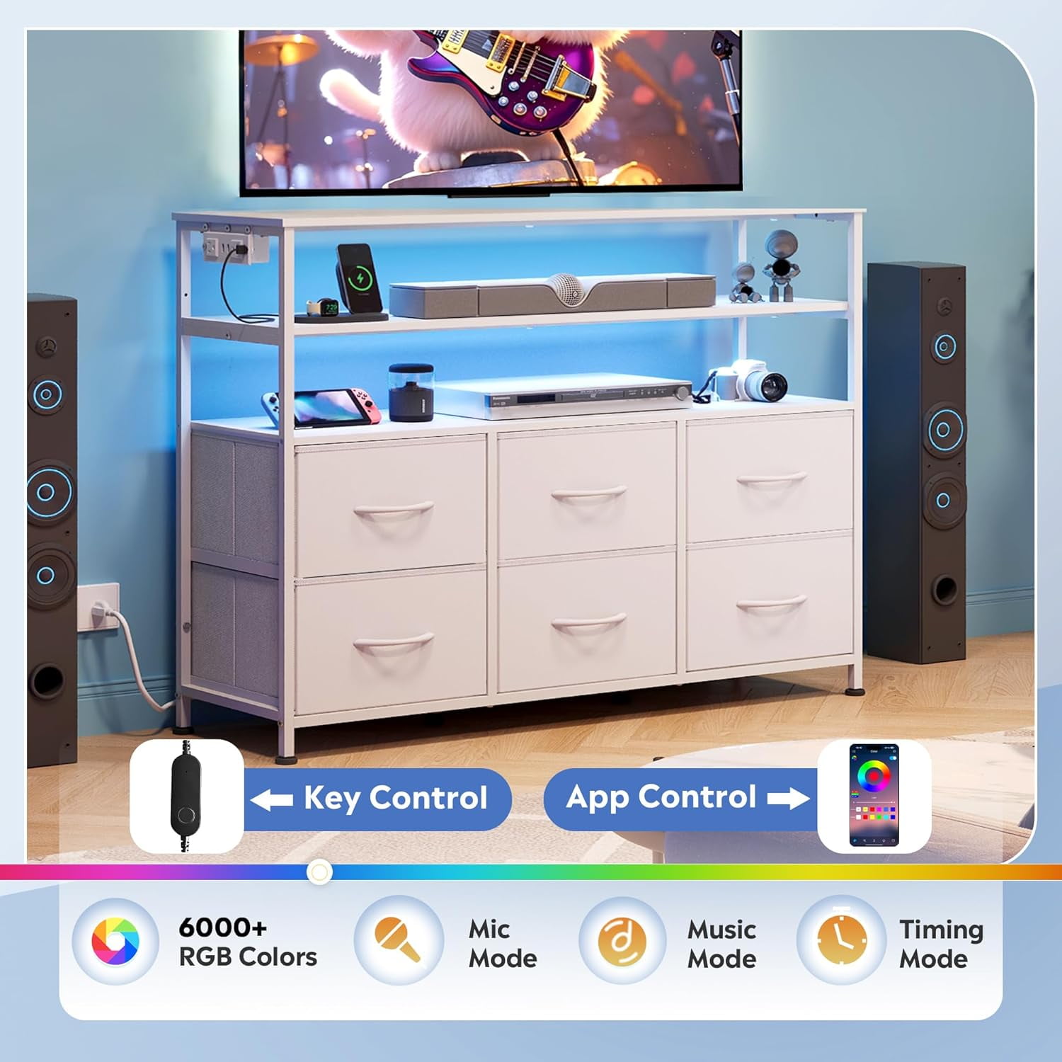 MCQ 39-inch TV Stand for up to 45 inch TVs, Entertainment Center with RGB LED Lights & Charging Station, Media Console with 6 Fabric Drawers, Black