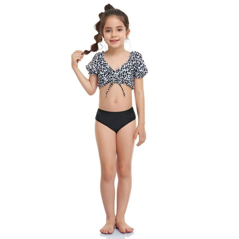 LOV 6-14T Teen Girls Leopard Swimsuits Two-Pieces Bathing Suits Short  Sleeve Ruched Crop Top And Bikini Bottoms Quick Dry Swimwear Kids Sunsuit