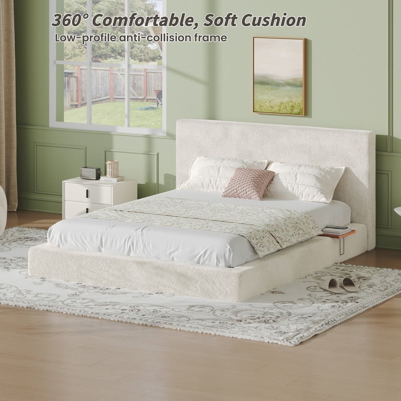 Howcool Queen Size Low Profile Bed Frame with Adjustable Sliding Side Table,Upholstered Sponge Bed,No Box Spring Needed,Easy Assembly