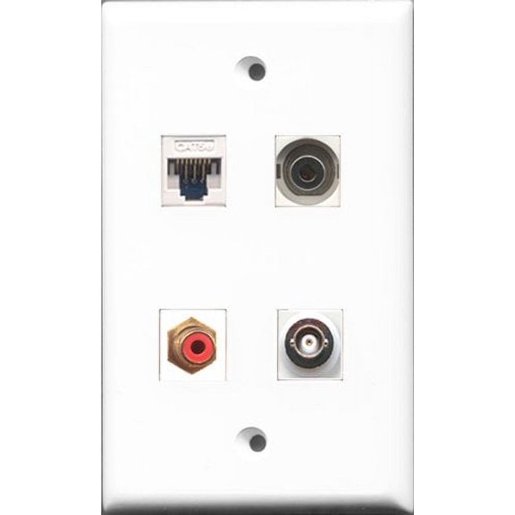 RiteAV - 1 Port RCA Red and 1 Port 3.5mm and 1 Port BNC and 1 Port Cat5e Ethernet White Wall Plate