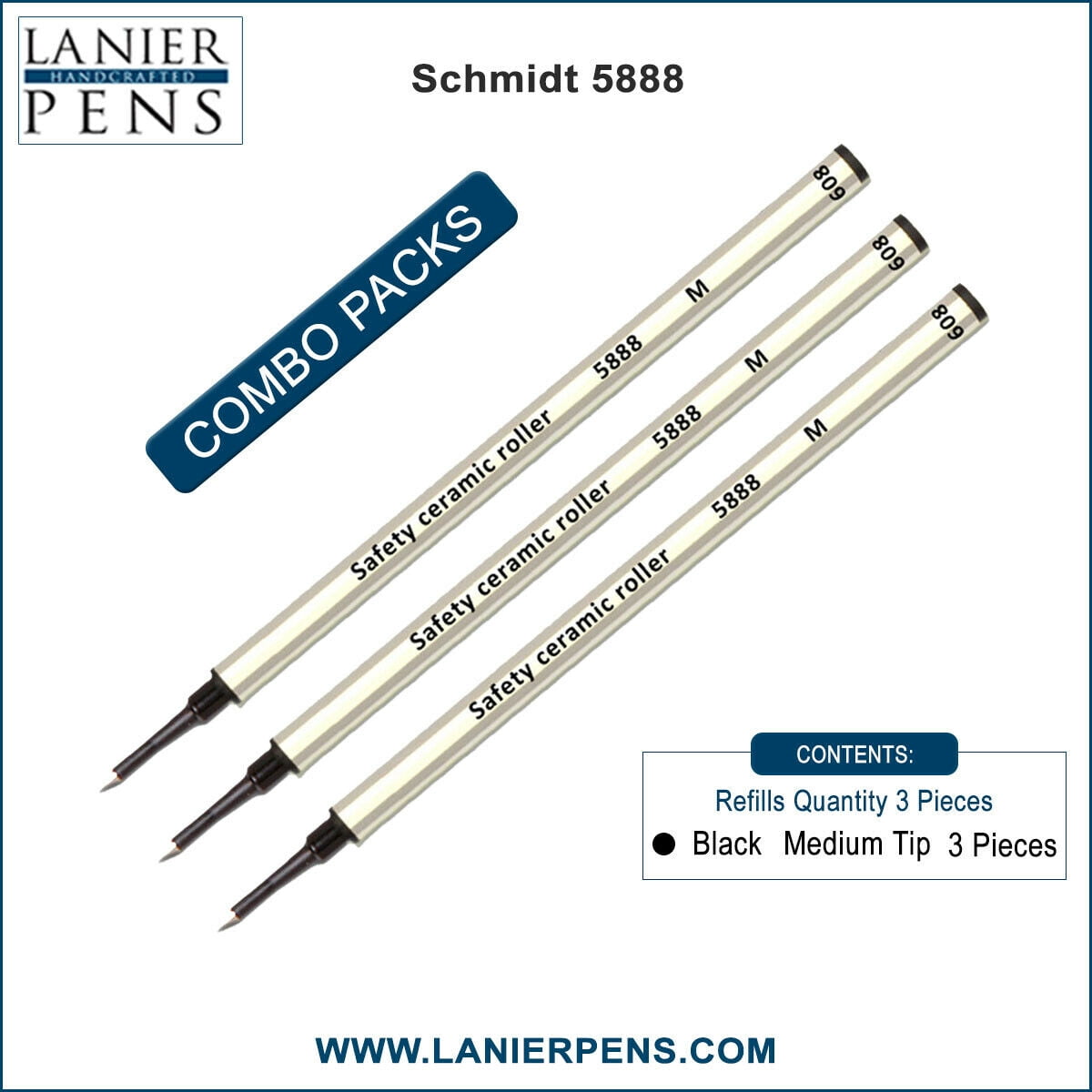 3X Schmidt 5888 M Safety Ceramic Rollerball Metal Refill Black Medium Tip