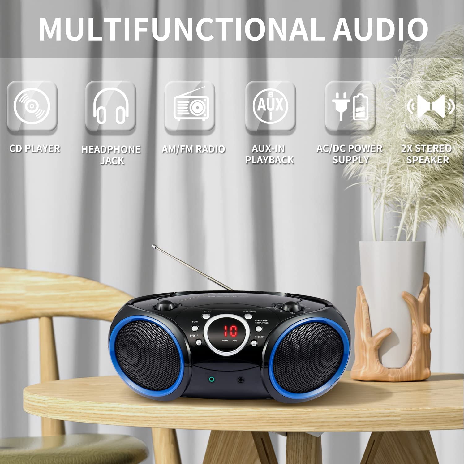 singing wood SBX030C Portable CD Boombox with AM FM Stereo, Aux Input, Headphone Jack, AC/Battery Powered, Blue