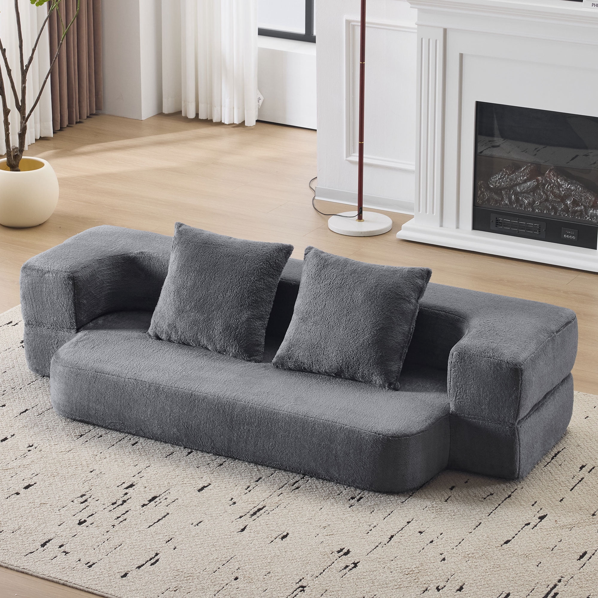 Jopath 75'' Futon Sofa Bed, Foldable Mattress Sofa Couch with Pillow Back & Armrest, Faux Fur Floor Couch Lounge Sleeper Sofa Bed for Living Room/Bedroom,No Assembly Required,Gray