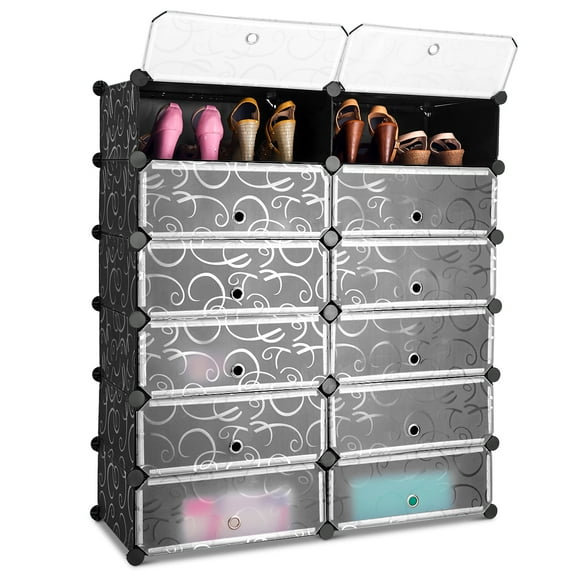Giantex 12-Compartment Shoe Rack, Stackable Shoe Unit Box Organizer with Doors, Space Saving Modular Rectangular Cube Storage