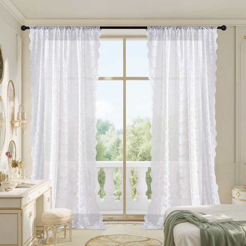 NICETOWN Vintage Lace Curtain 2 Panels Romantic Boho Rod Pocket Floral Sheer Drapes for Living Room & Bedroom, 52"x84", White