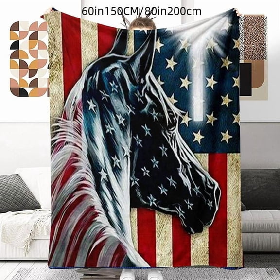 Horse & american flag Pattern Blanket, 1 Count Soft Warm Throw Blanket, Air-conditioned Room Warm Nap Blanket for Home & Office