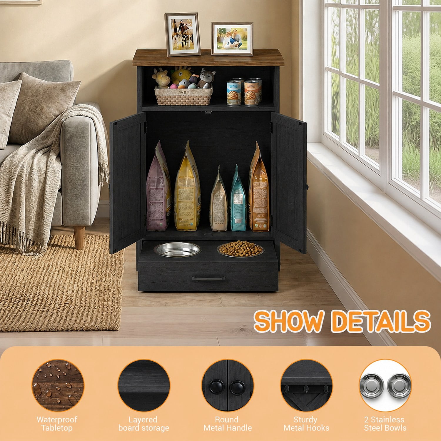 Dog Feeding Station with Storage Cabinet, Pet Feeder Station Cabinet with 3 Side Hooks, Raised 2 Elevated Dog Bowls & Hidden Pull-Out Drawer