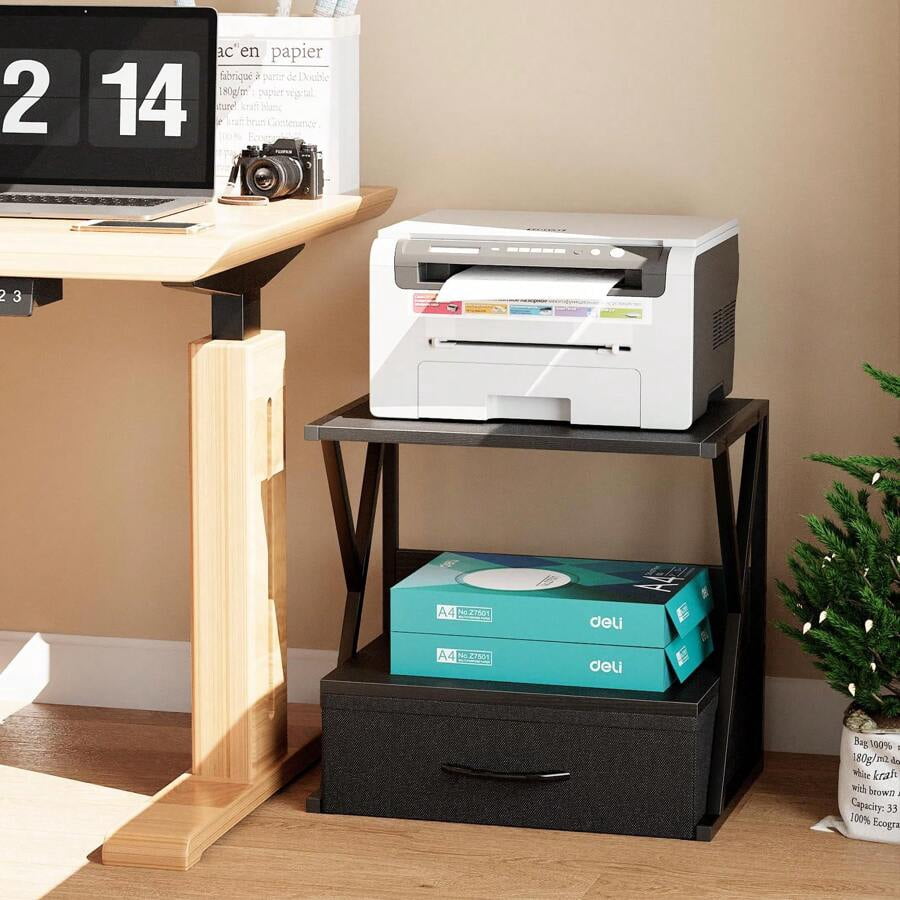 Printer Stand For Desk With Storage Drawer, 2 Tier Desktop Or Under Desk Shelf, Multi-Purpose Desk Organizer For Home Office, Fit Fax Machine/3D Printer/Scanner, Black