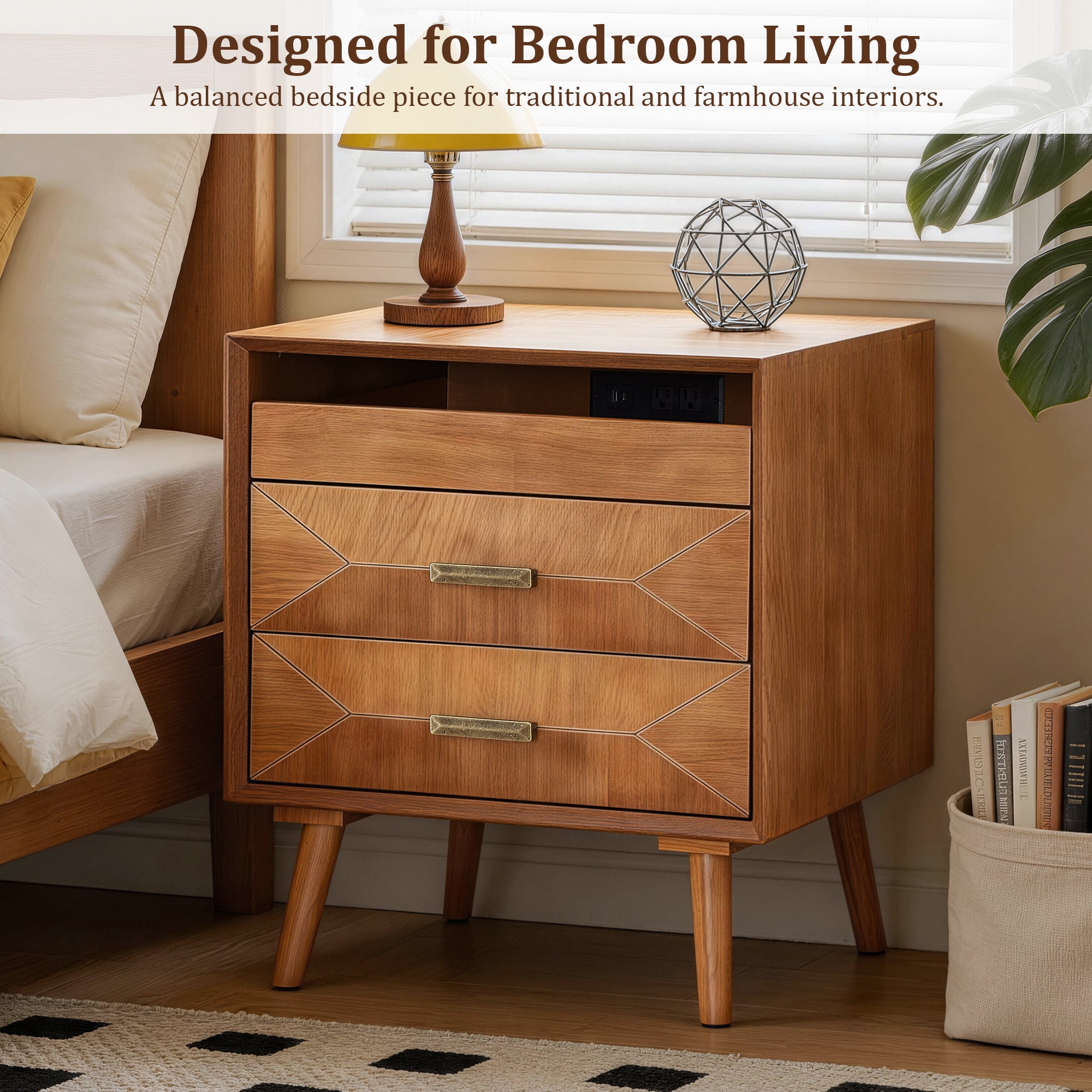 24-Inch Nightstand with Charging Station and 2 Drawers, Mid-Century Wood Bedside Table with USB and Type-C Ports, Light Oak