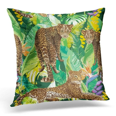 Green Sofa Pillows ARHOME Brown Exotic Leopards in Colorful Tropical Flowers Animal Green Tiger Pillows case 16x16 Inches Home Decor Sofa Cushion Cover ()