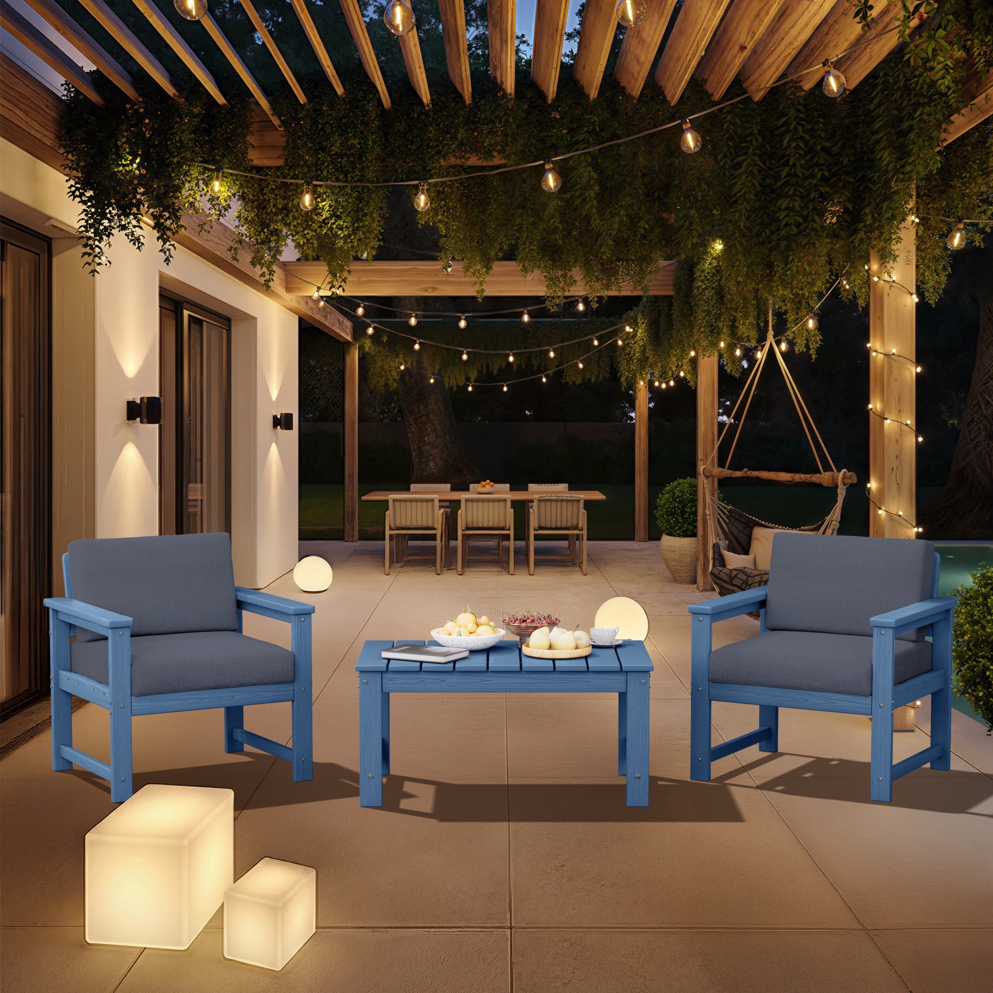 KINGYES 3 Pieces Outdoor Furniture Set, HDPE All Weather Use Conversation Couch Sets,2 Armchairs & 1 Coffee Table for Patio Backyard, Blue Frame with Gray Cushions