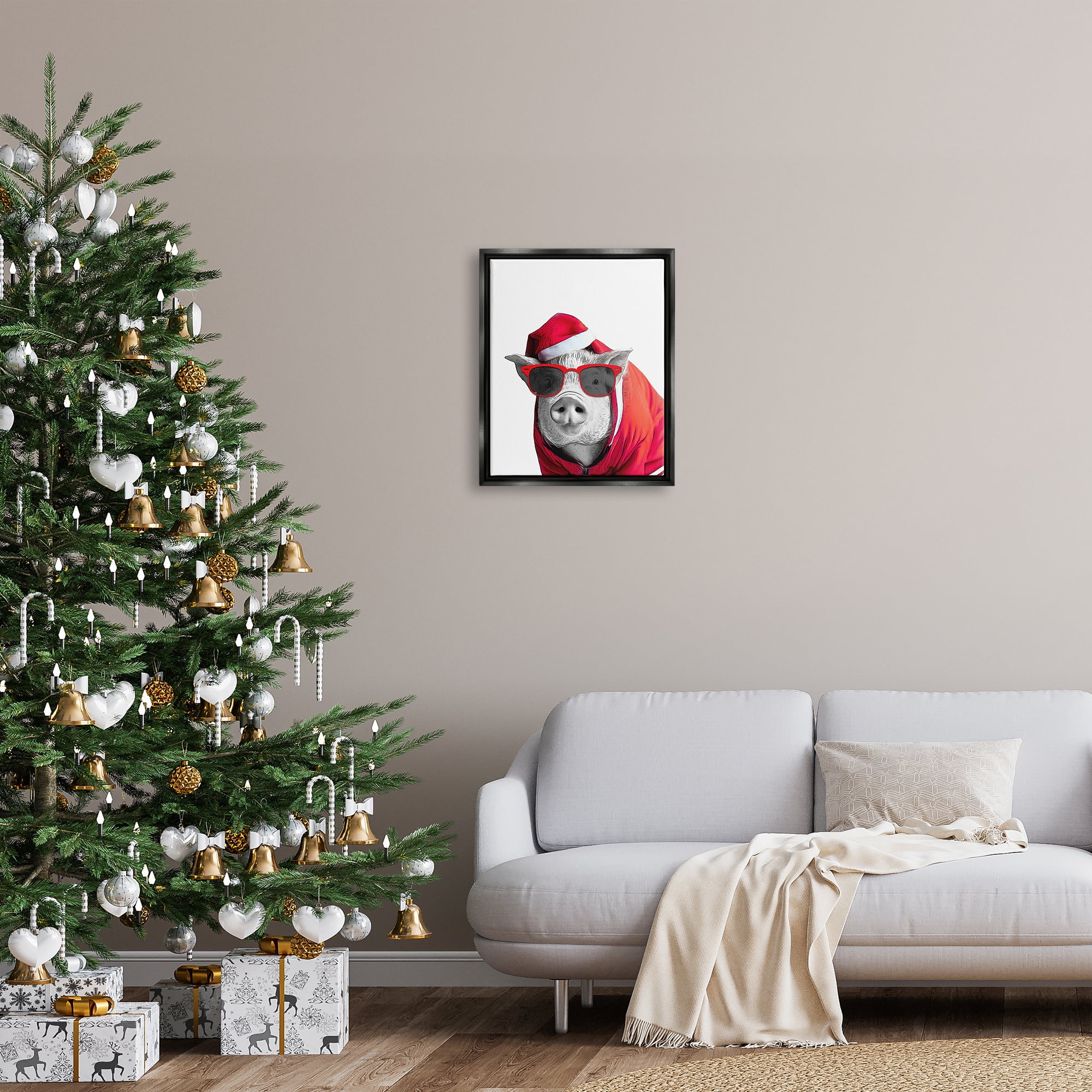 Stupell Industries Pig in Holiday Clothes Holiday Painting Black Floater Framed Canvas Art Print Wall Art, 17 x 21