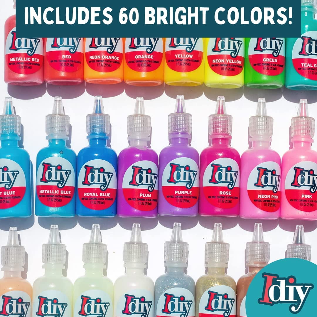 IDIY Fabric Paints, Set of 60 Colors - Bright 3D Fabric Paint - Includes Glitter, Metallic, Glow, Neon, 5 Stencils, 3 Brushes, Non-Toxic Water-Based and Permanent Puffy Effects - Craft, Gift