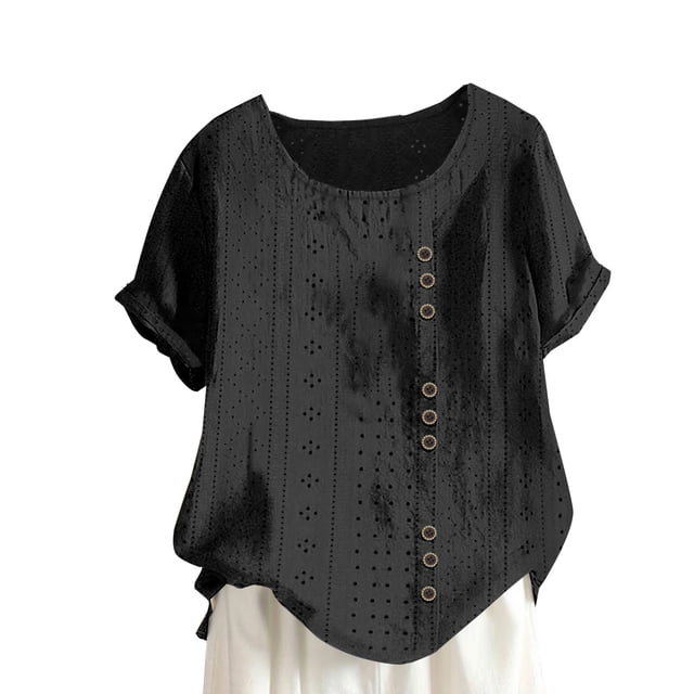Mrat Basic Daily Blouse Blouse à Manches Courtes Confortable et Ample pour Femmes, Col Rond, Boutons, Décontractée, S-26 Noir TG