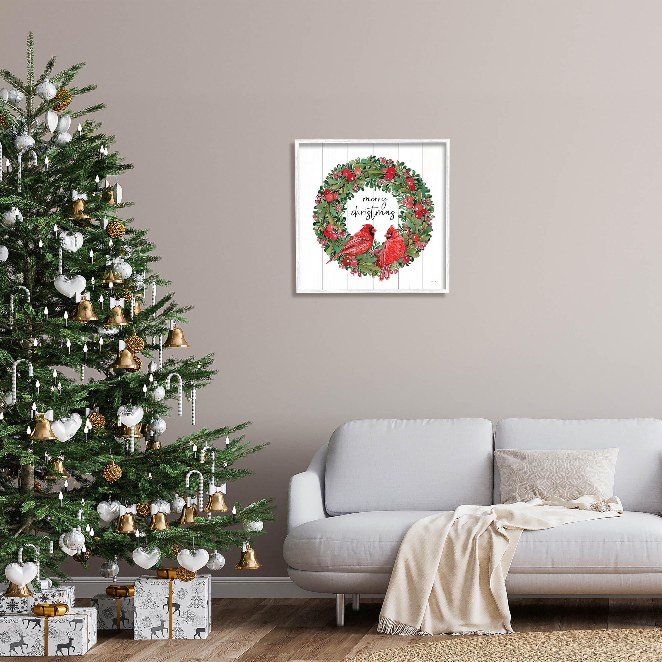 Merry Christmas Red Cardinal Wreath Holiday Graphic Art White Framed Art Print Wall Art