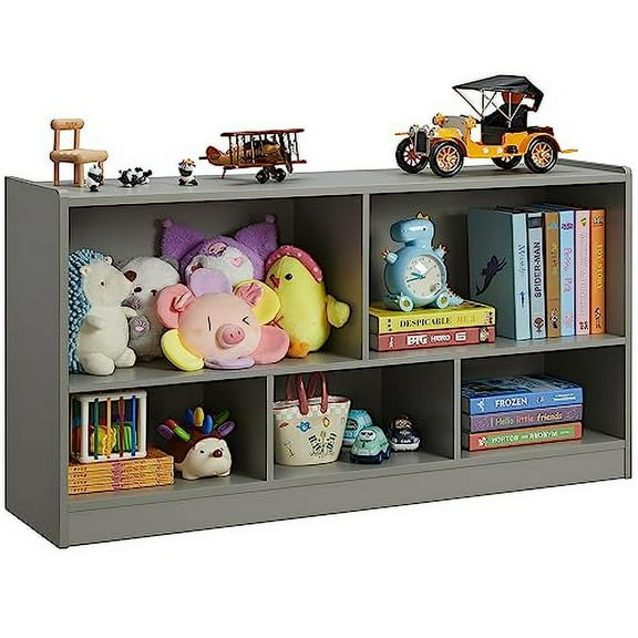 Toy Organizers and Storage, 5-Section Kids Bookshelf for Organizing Books Toys, School Classroom Wooden Storage Cabinet for Children's Room, Playroom, Nursery (Grey)
